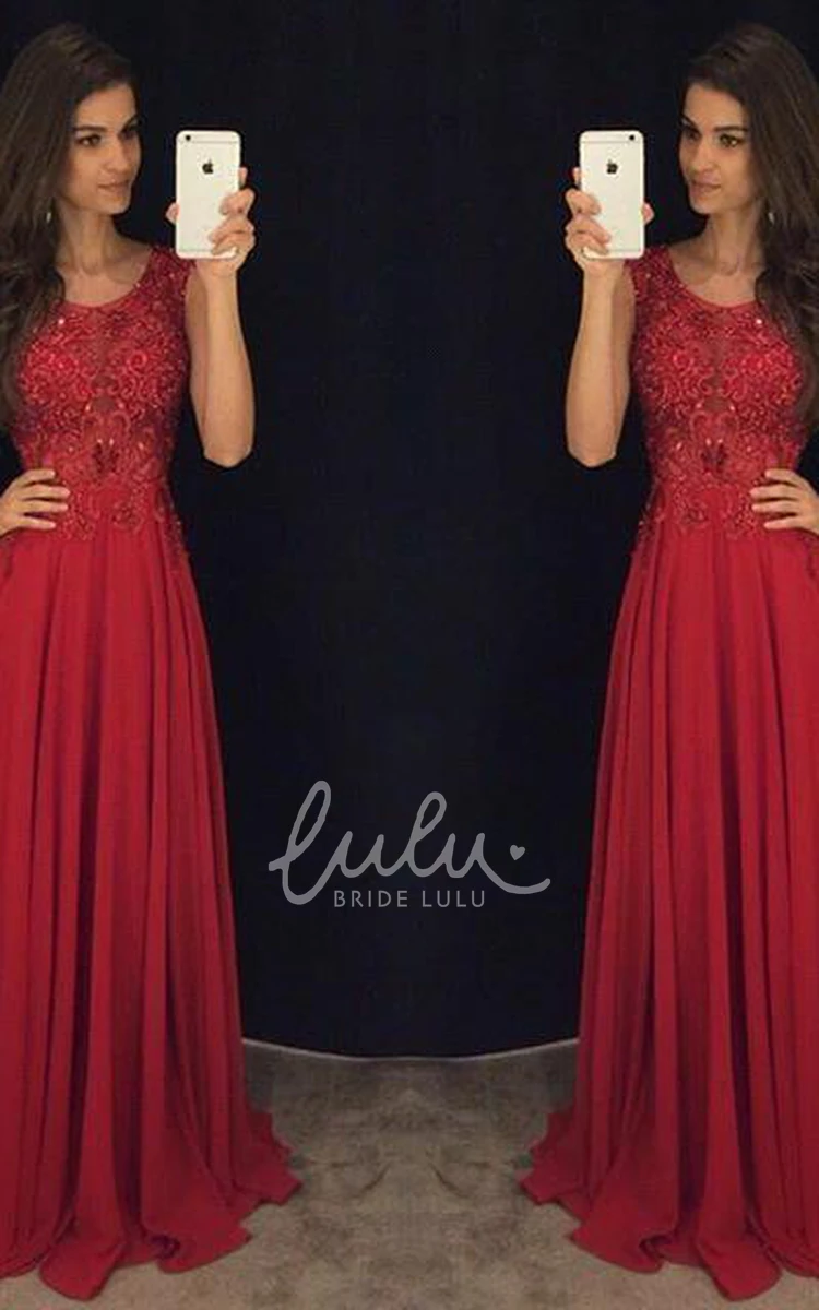 Red Lace Appliques Chiffon Evening Dress Fit and Flare Sleeveless Style