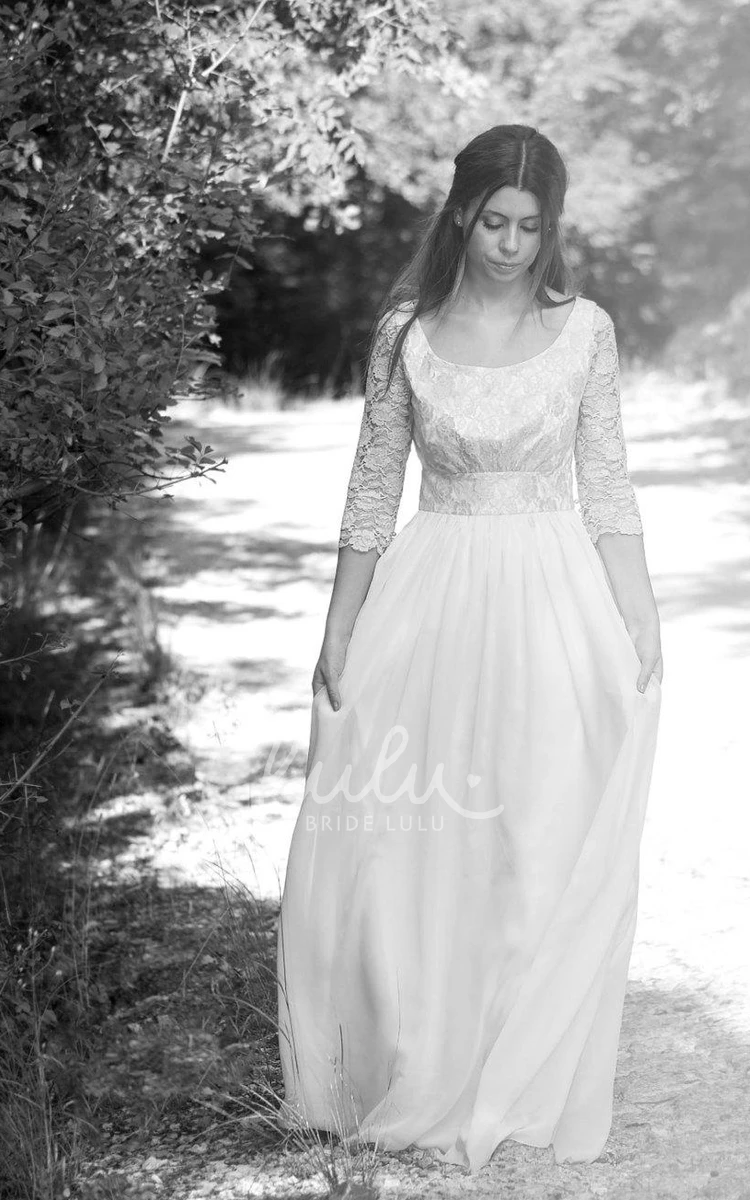 Lace & Button Back Chiffon Wedding Dress with Illusion Sleeves