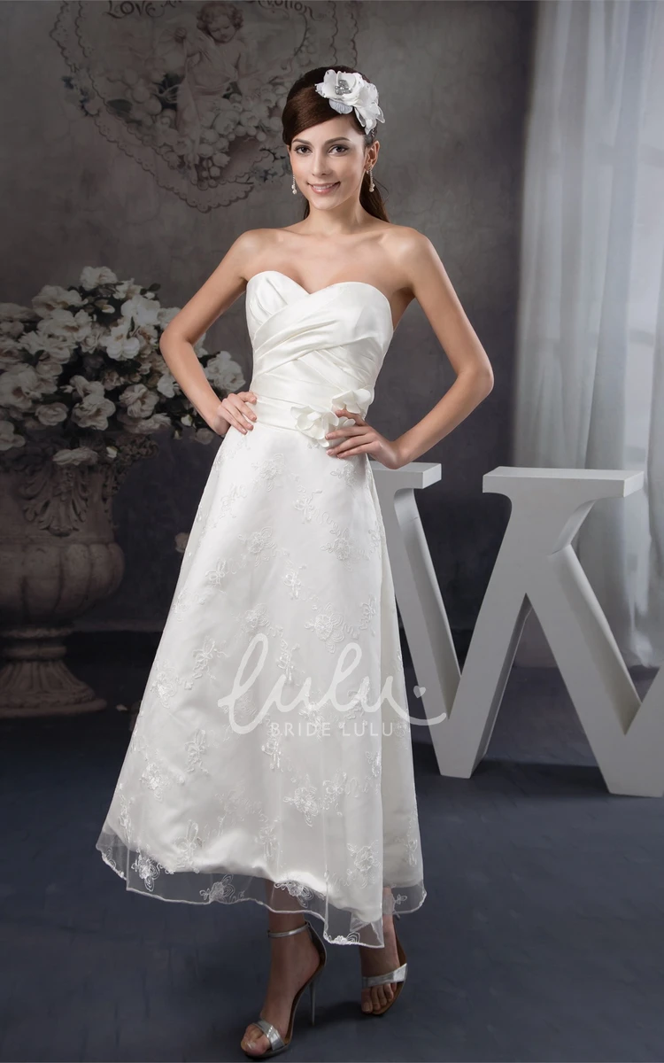 Satin Lace Tea-Length Formal Dress with Sweetheart Neckline and Floral Embellishments