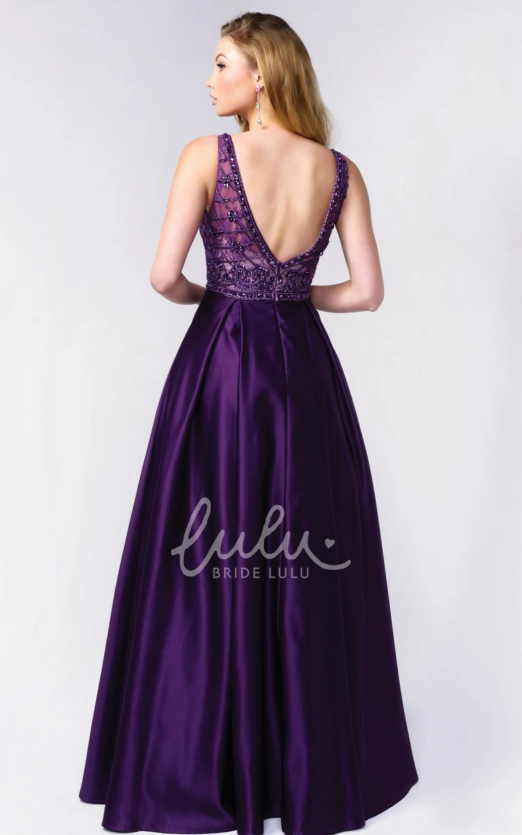 A-Line Satin Bateau Long Dress with Low-V Back and Lace for Prom