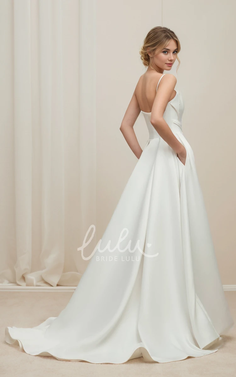 Sexy Casual A-Line Sleeveless Spaghetti Satin Wedding Dress Solid Simple Split Front Beach Floor-length Zipper V Back Bridal Gown with Train