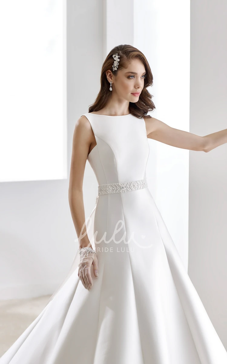 Satin Wedding Dress with Beaded Belt and One-Strap Back Jewel-neck Elegant 2024