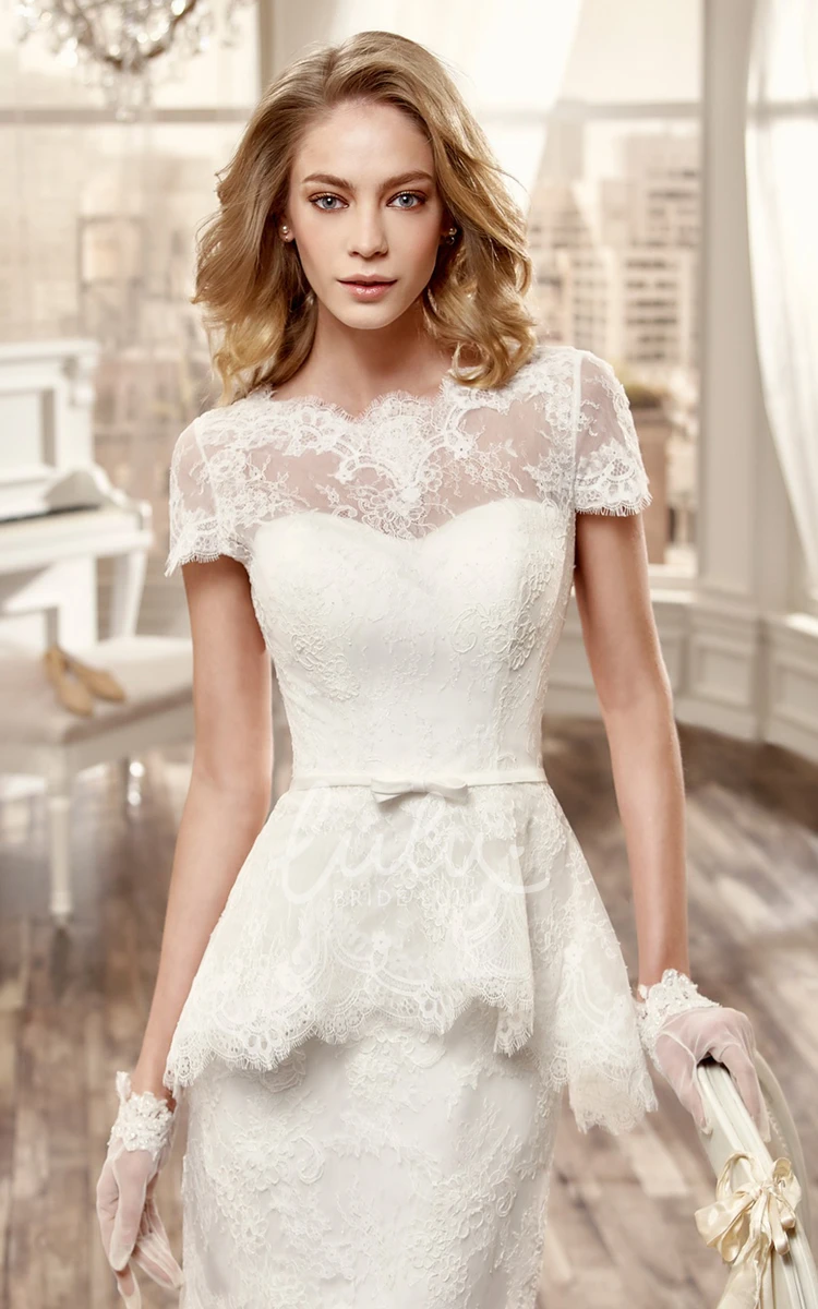 Lace Short Wedding Dress with T-Shirt Sleeves and Pleats Illusive