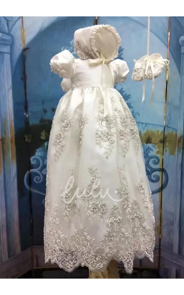 Lace Applique Christening Dress with Puff Sleeves Elegant Baptism Gown