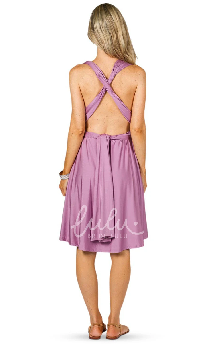 V-Neck Ruched Knee-Length Jersey Bridesmaid Dress with Straps Convertible