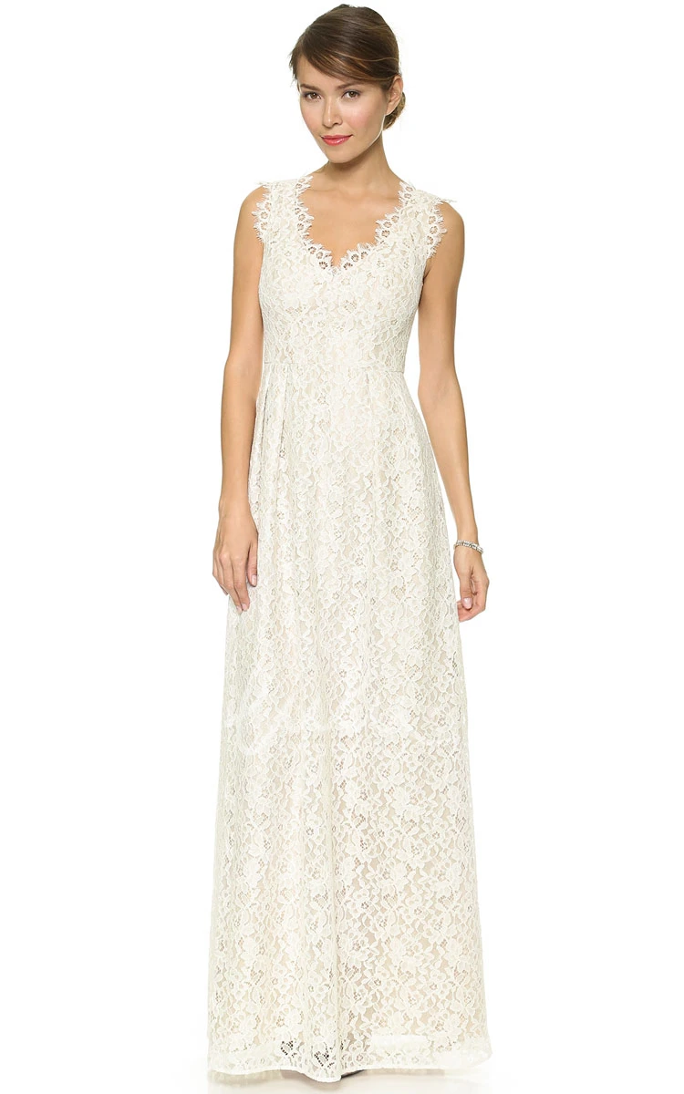 Lace Sheath Dress with Side Draping and Low V-Neckline for Weddings