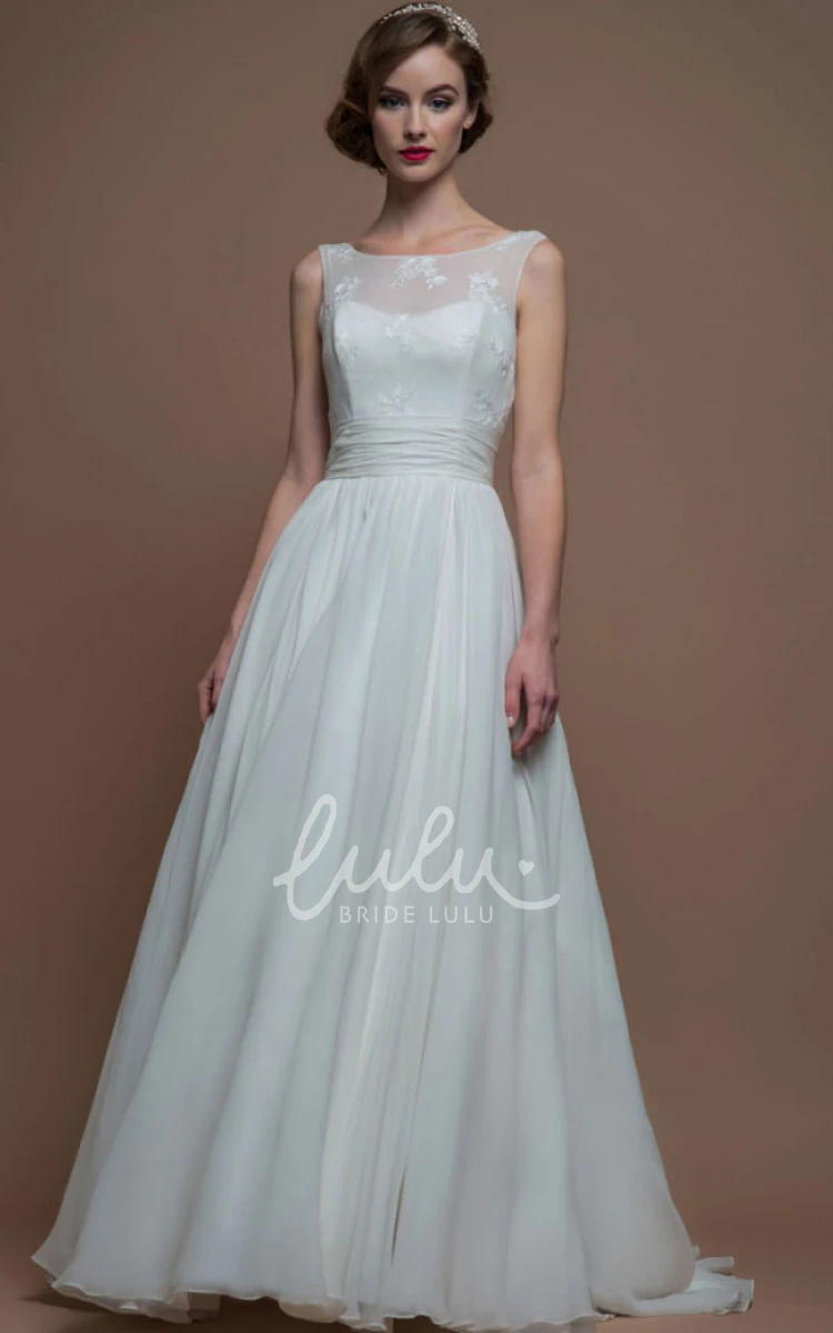 Sleeveless Maxi Appliqued Bateau Wedding Dress A-Line with Low V-Back