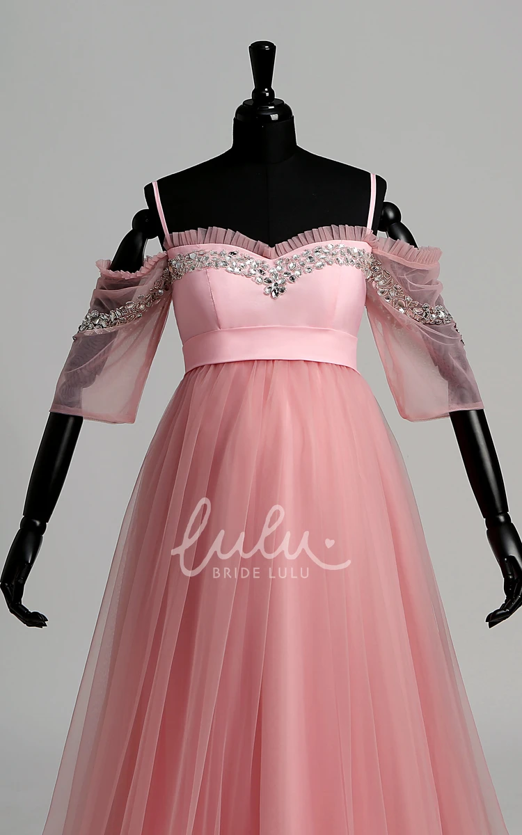 A-Line Maternity Dress with Tulle Fabric Sweep Brush Train Beading and Ruffles