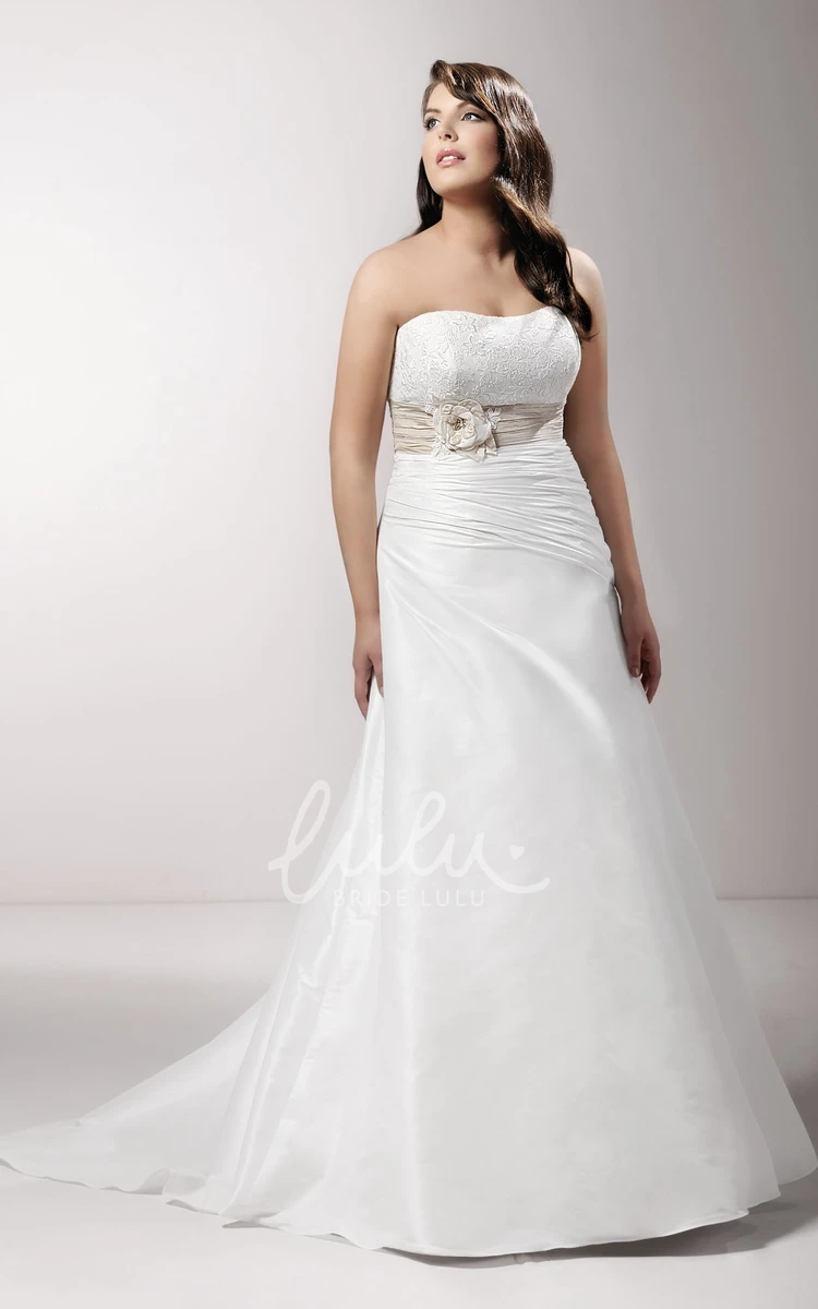 Sheath Wedding Dress with Strapless Design Ruched Bodice and Lace Flower Detail