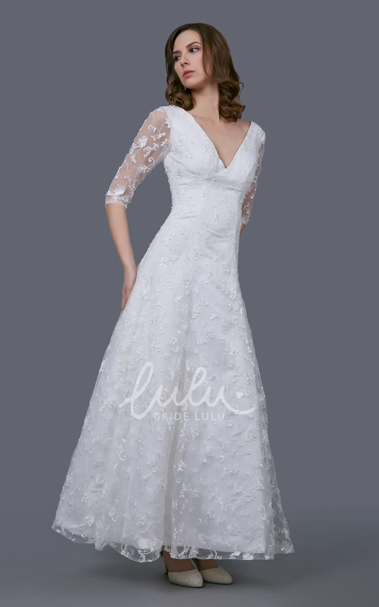 V-neckline Tea Length Gown with Illusion Sleeve and Embroidery Modern Wedding Dress