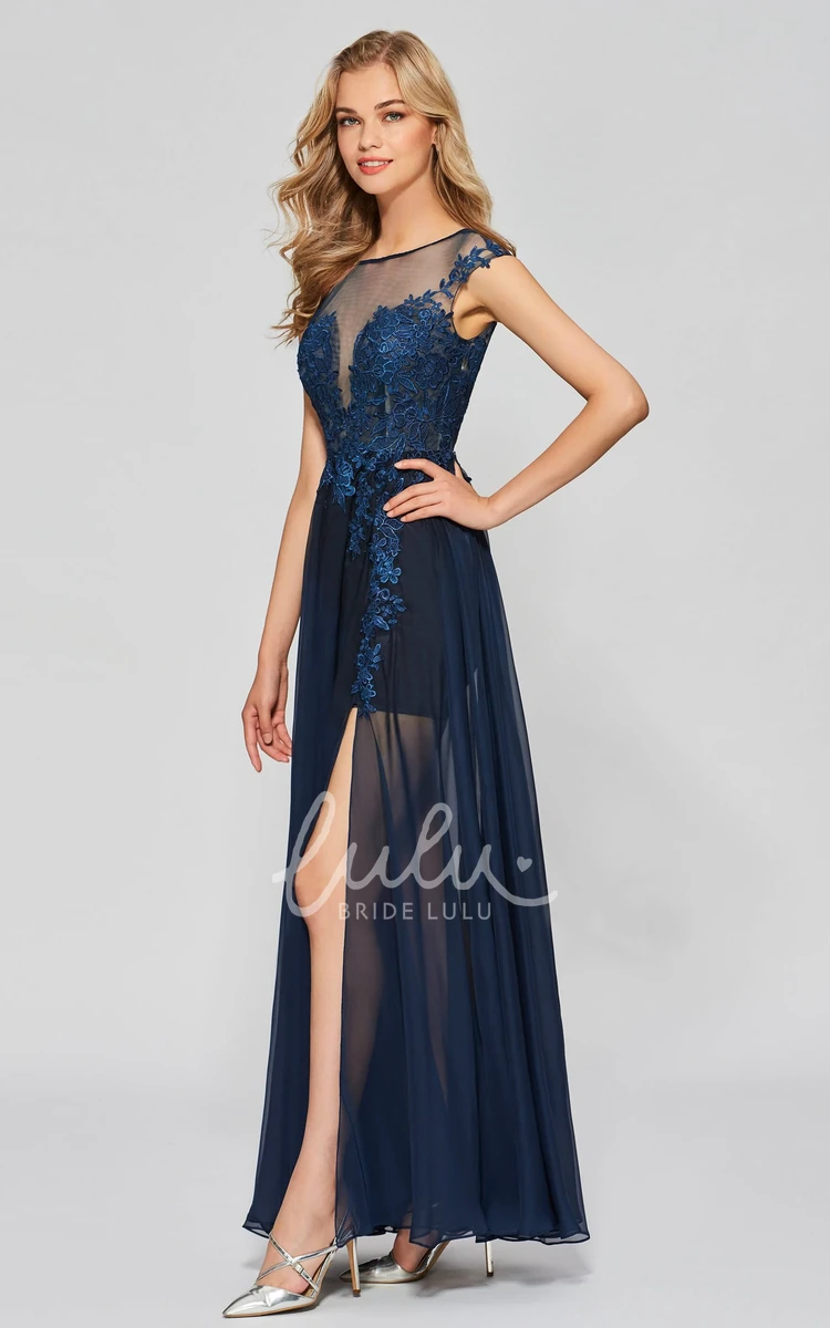 Sexy Split Front Bateau Chiffon Gown with Lace Applique A-line Deep V-back