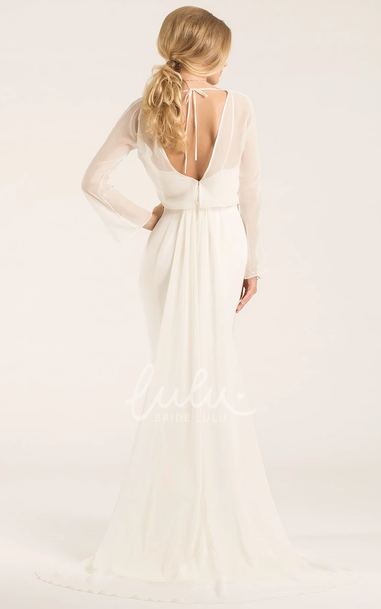 Chiffon Long-Sleeve Wedding Dress with Watteau Train and V-Back Elegant Bridal Gown