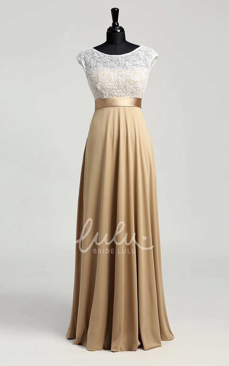 Lace A-line Short Sleeve Bridesmaid Dress with Sash and Bateau Neckline