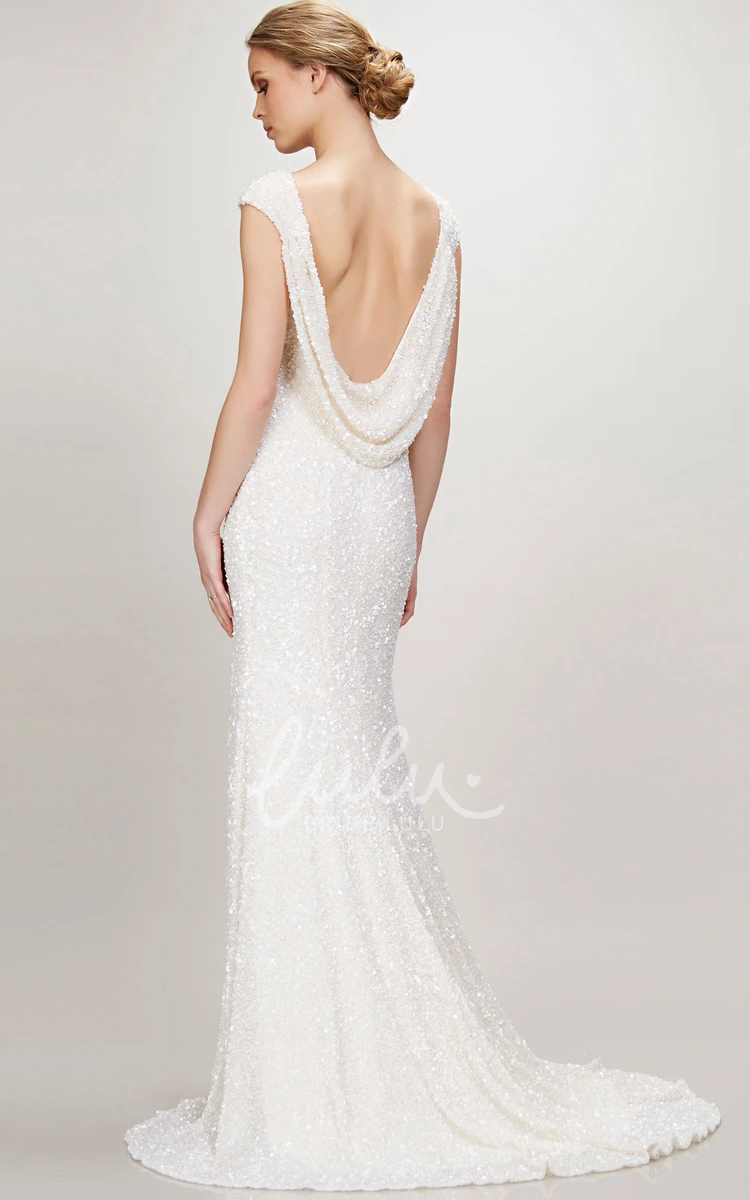 Long Jersey Beaded Wedding Dress with Bateau Neckline and Sweep Train