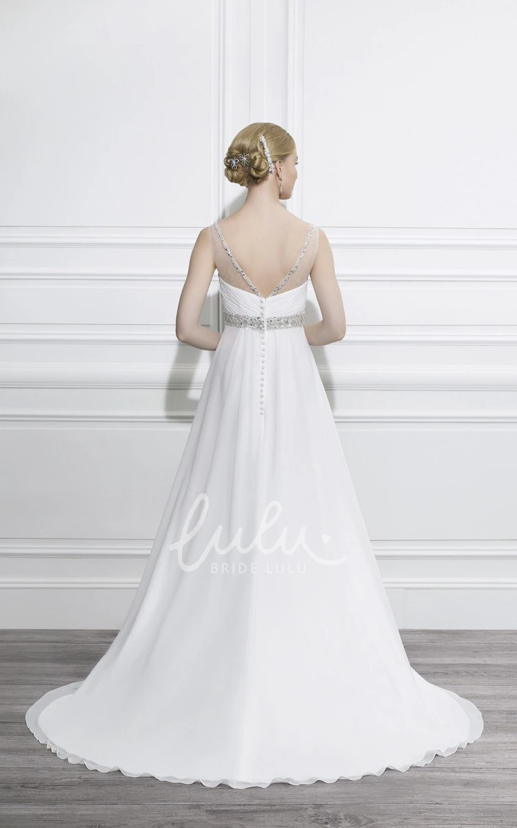 Empire Criss-Cross Chiffon Wedding Dress with Jeweled Bodice Floor-Length Scoop Neckline