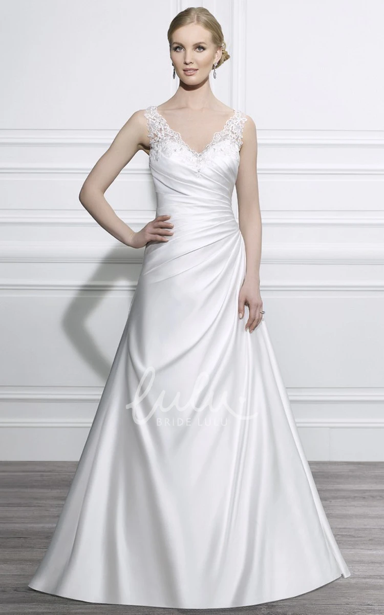Satin A-Line Wedding Dress with Side-Draped V-Neck and Sweep Train Timeless Bridal Gown