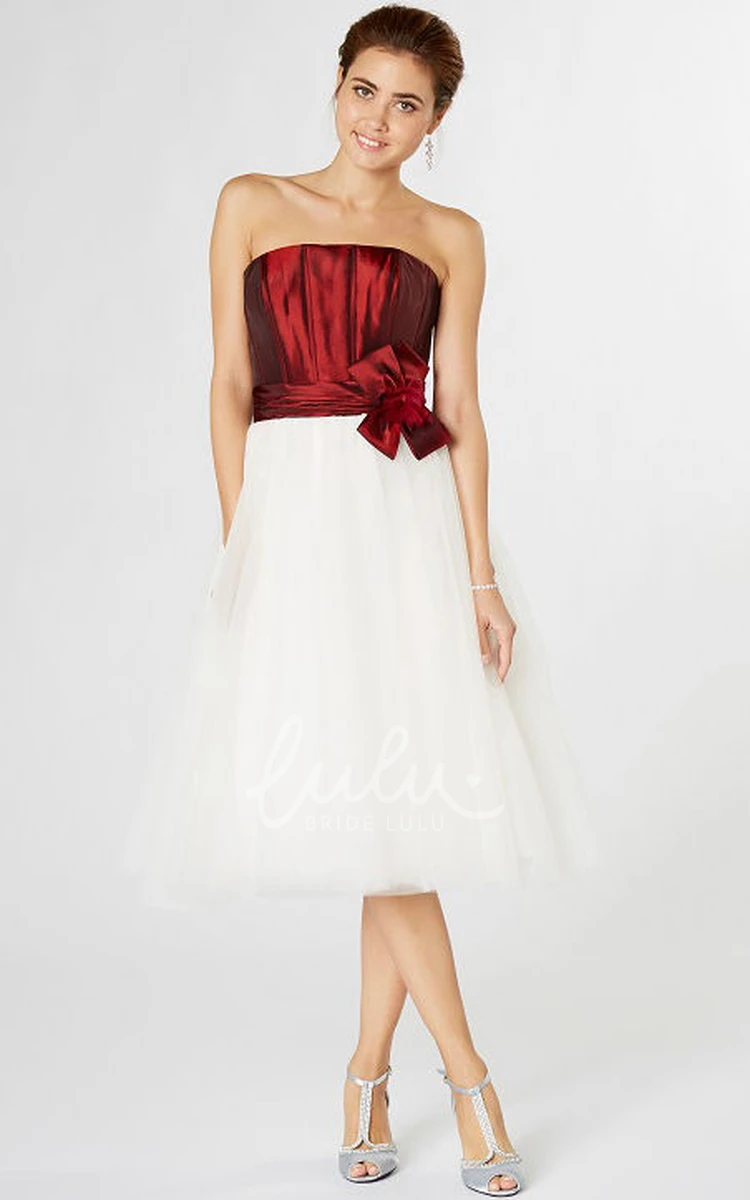Tea-Length Strapless Ruched Tulle Bridesmaid Dress with Lace-Up Back and Floral Details