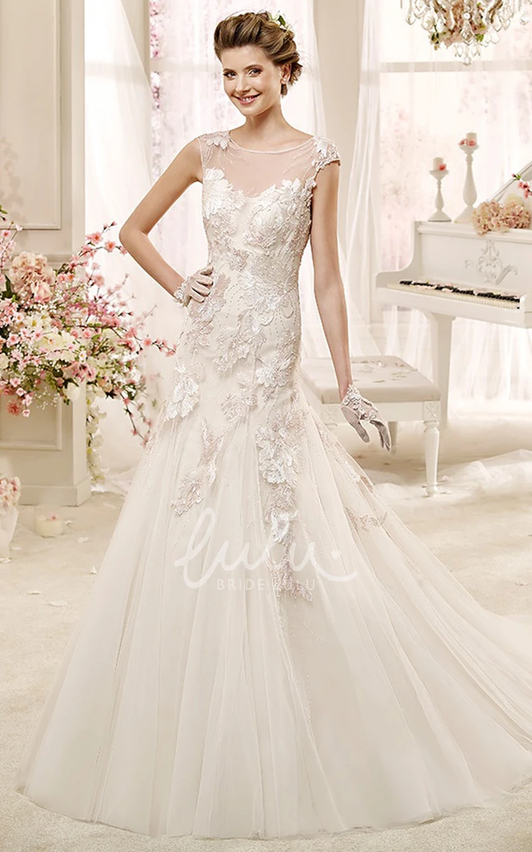 Cap sleeve Illusion Wedding Gown with Appliques and Court Train Illusion Cap Sleeve Wedding Dress with Court Train