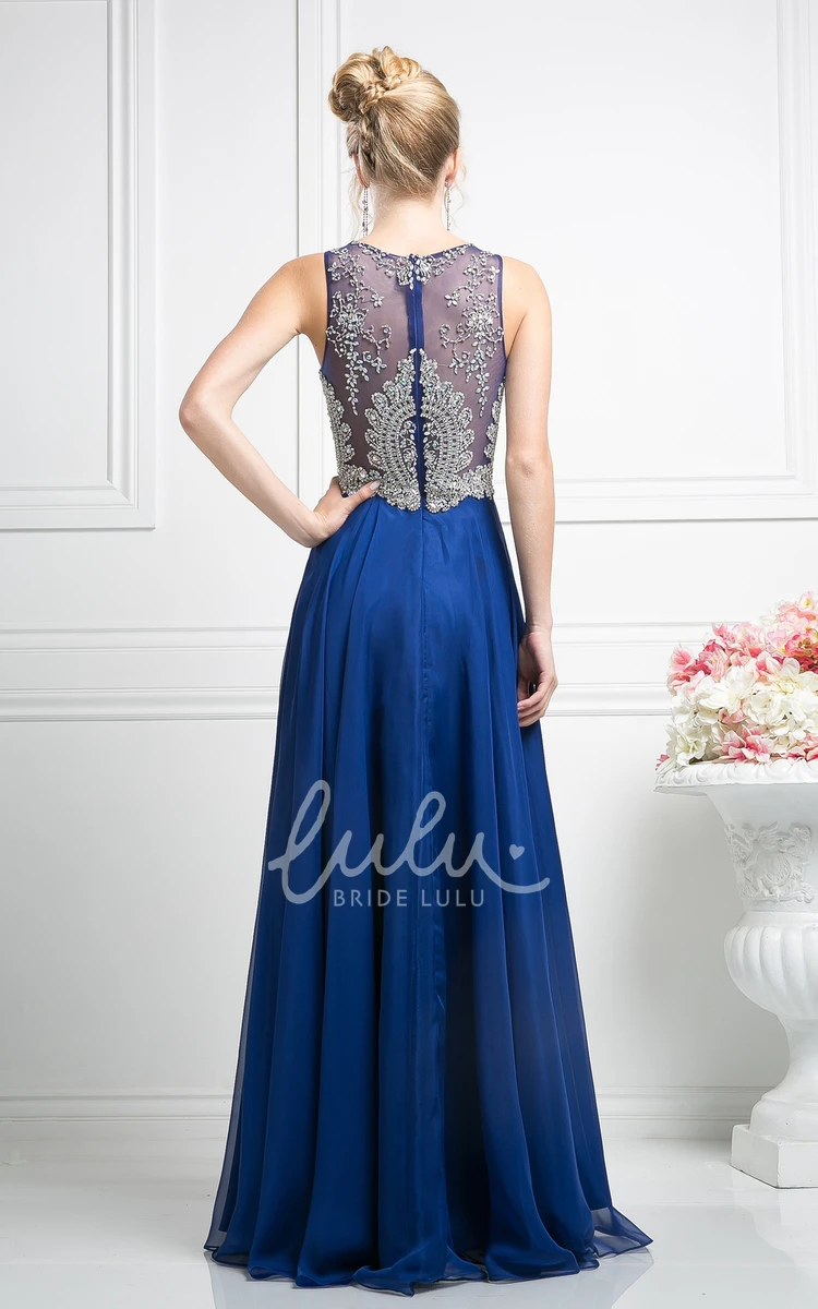 Jewel-Neck Chiffon A-Line Dress with Beading and Pleats for Bridesmaids