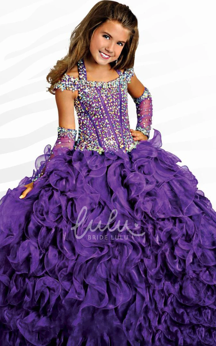 Halter Ball Gown Flower Girl Dress with Illusion Sleeves and Beading