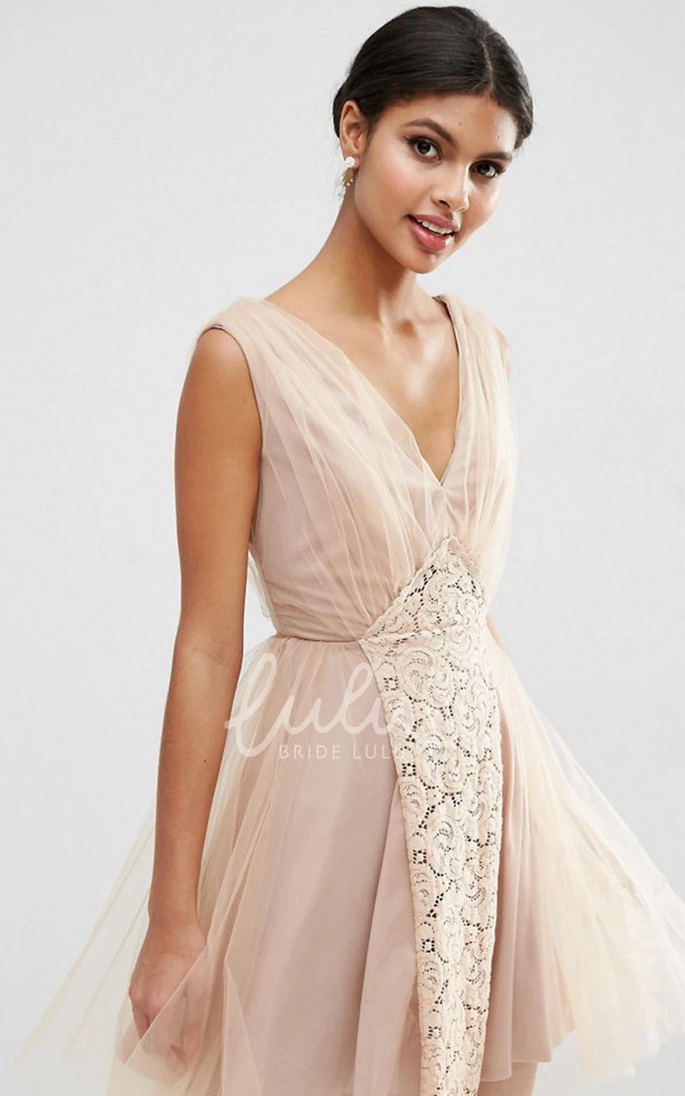 Lace Tulle V-Neck Bridesmaid Dress with Ruching Mini A-Line