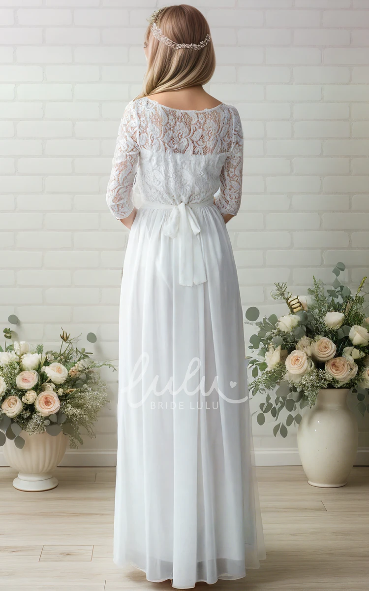 Modest Elegant Boho Lace Maxi Sheath Wedding Dress Vintage Floral Closed Back Sashed Chiffon Bridal Gown with 3/4 Sleeves and Boat Neckline