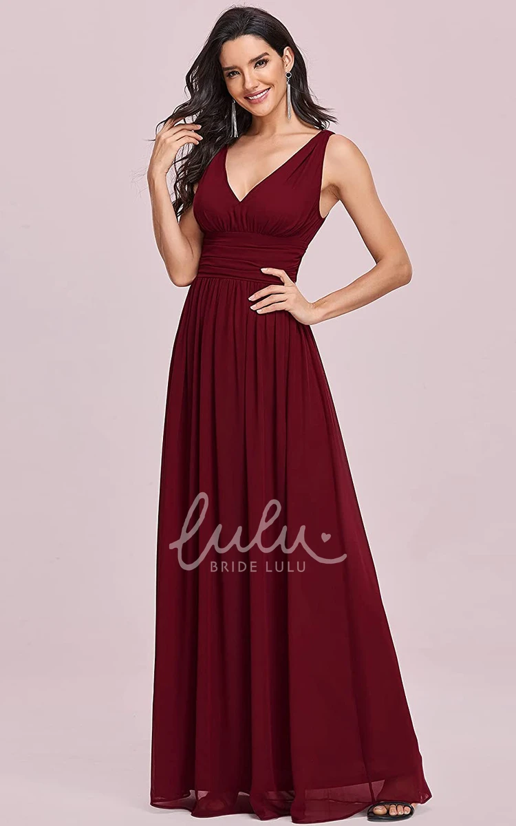 Romantic Chiffon V-neck A-line Prom Dress with Ruffles and Sleeveless Bridesmaid Dress