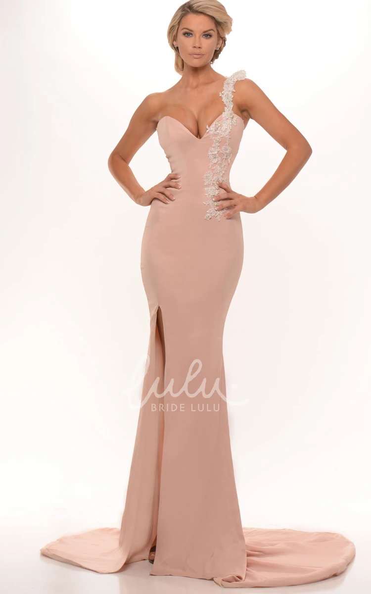 One-Shoulder Appliqued Jersey Prom Dress with Split Front Sleeveless Floor-Length Sheath