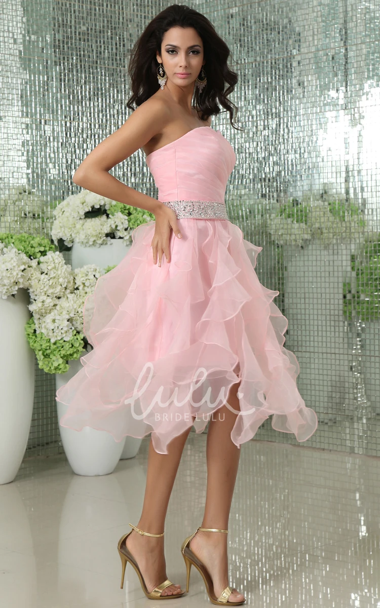 Cascading Ruffle Short Dress with Sweetheart Neckline and Beaded Waist