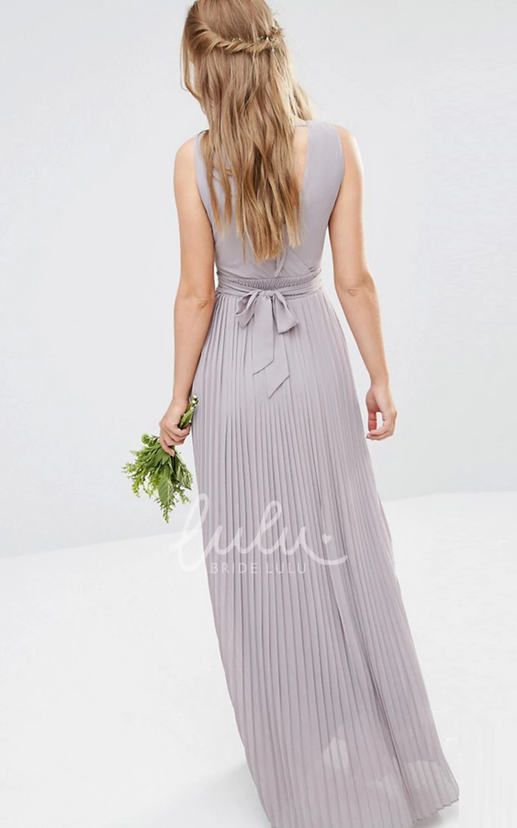 Ruched V-Neck Chiffon Bridesmaid Dress with Beading Ankle-Length