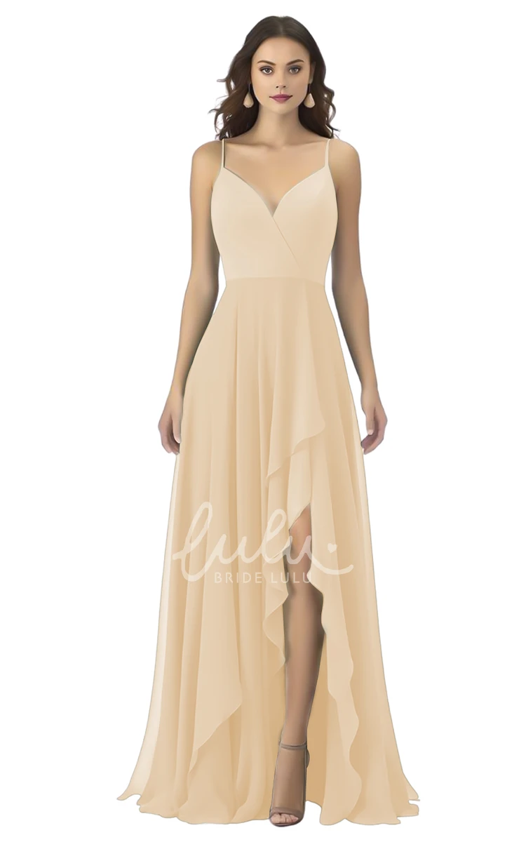 Bohemian Chiffon Spaghetti Bridesmaid Dress with Front Split A-Line Unique Wedding Dress