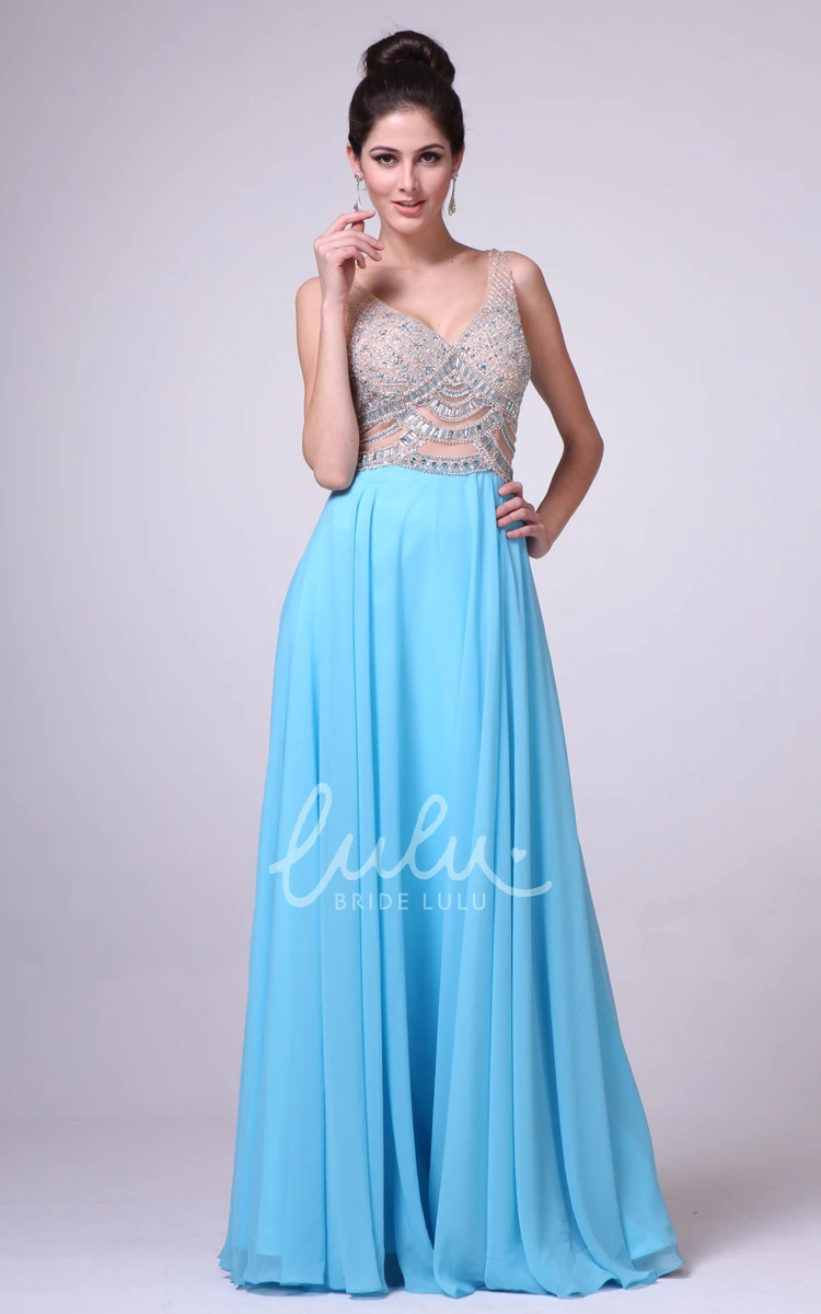 Pleated Sheath Chiffon Formal Dress with Beading and V-Neckline