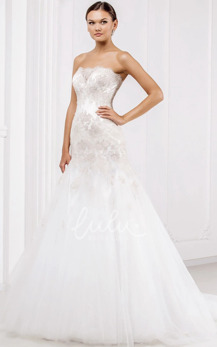 Appliqued Tulle Strapless Wedding Dress with Corset Back and Brush Train Flowy Wedding Dress