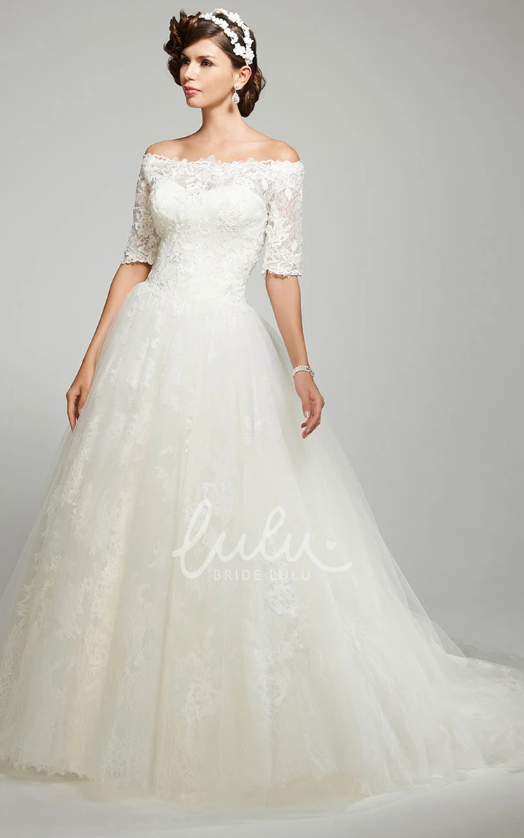 Off-The-Shoulder Ball Gown Wedding Dress Appliqued Short Sleeve Tulle