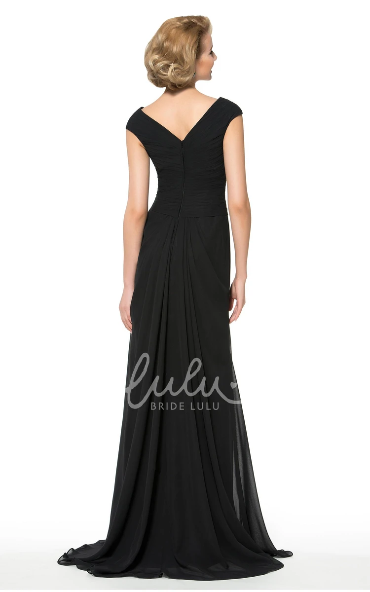 V-Neck Cap Sleeve Chiffon Long Bridesmaid Dress with Front Split and Beading Simple & Elegant