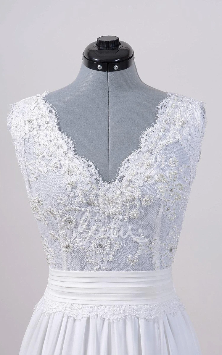 Alencon Lace V-Back Wedding Dress with Chiffon Skirt Sleeveless Elegant 2024