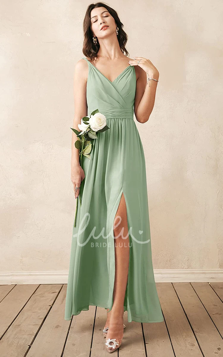 Sleeveless V-neck Chiffon A-line Bridesmaid Dress with Ruching Romantic