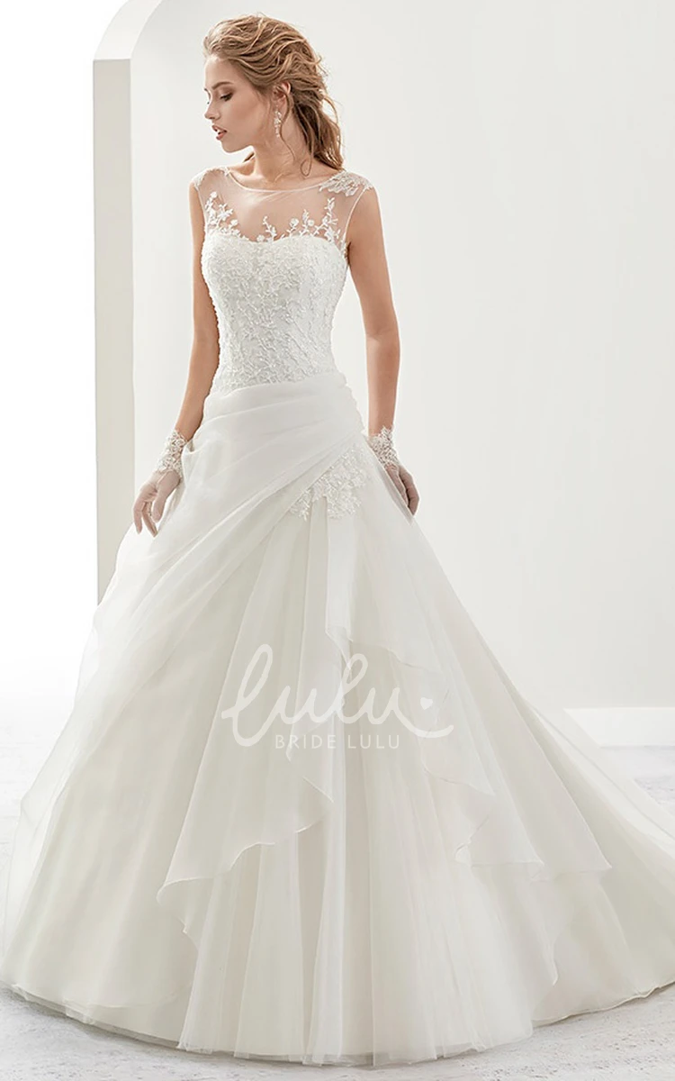 Illusive A-Line Bridal Gown with Side Ruffles and Cap Sleeves