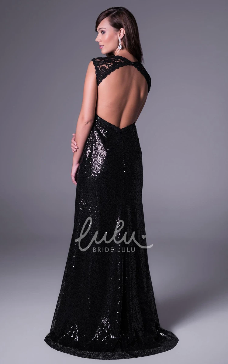 Sleeveless Lace Sheath Prom Dress with Sequins Floor-Length V-Neck Style