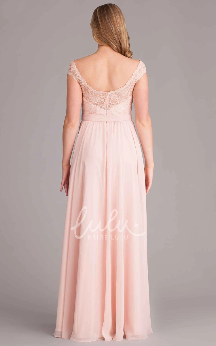 Lace Cap Sleeve Floor-Length Chiffon Bridesmaid Dress with Scoop Neck