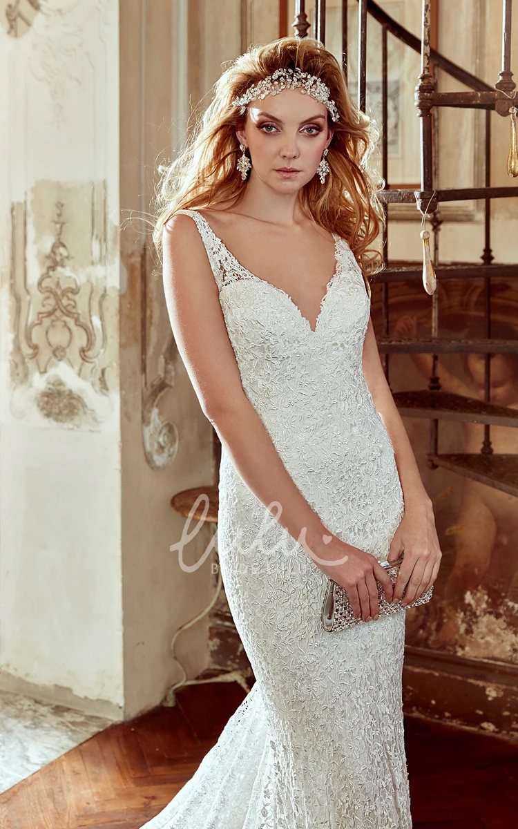 V-Neck Lace Wedding Dress with Brush Train and Open Back Chic Bridal Gown
