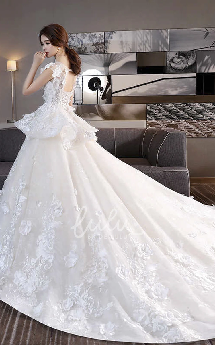 Princess Cap Sleeve Lace Wedding Dress with 3D Floral Appliques and Peplum Skirt