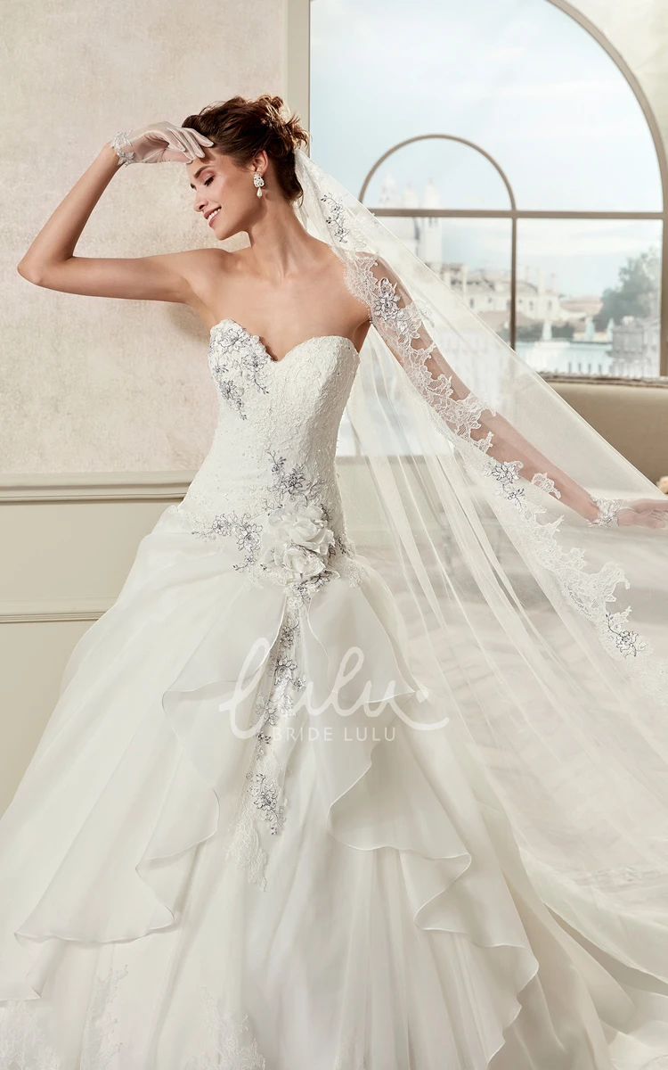 A-Line Wedding Dress with Asymmetrical Ruffles and Fine Appliques Sweetheart Style