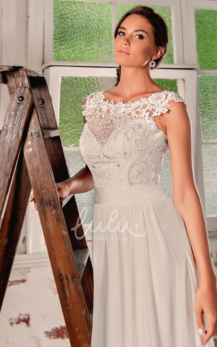 Chiffon&Lace Cap-Sleeve Wedding Dress Sheath Floor-Length Bridal Gown