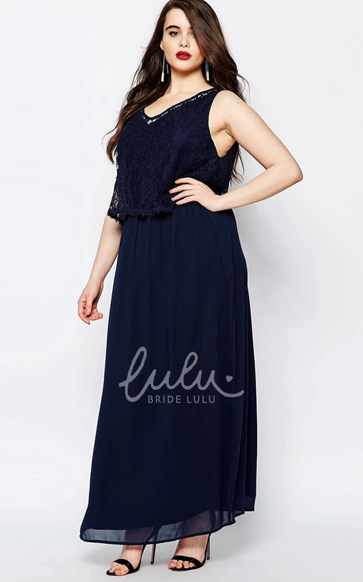 Lace Chiffon Sleeveless Bridesmaid Dress with V-Neck Ankle-Length