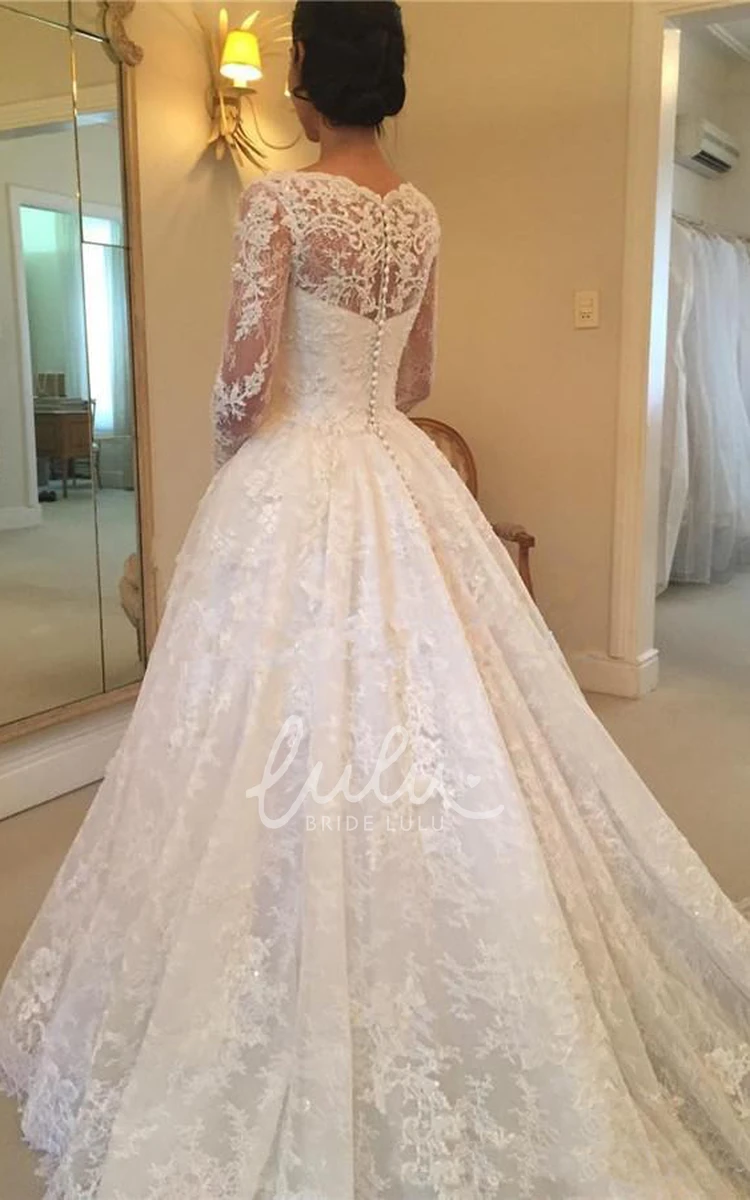 Elegant Lace Illusion Sleeve Bridal Gown with Cathedral Train