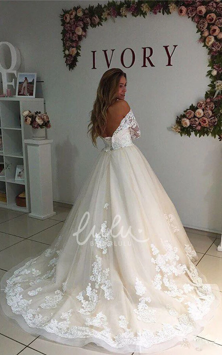 Off-shoulder Lace Tulle Wedding Dress with Low-V Back Ball Gown
