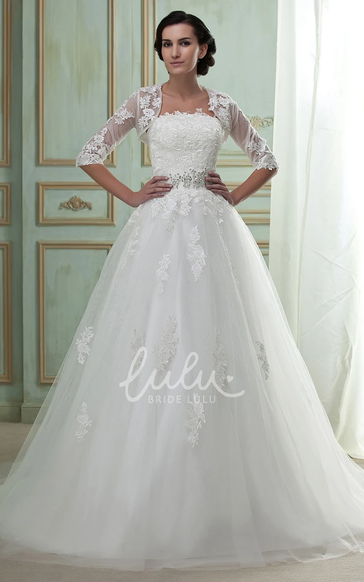 A-Line Lace Wedding Gown with Bolero and Tulle Overlay Strapless Bridal Dress