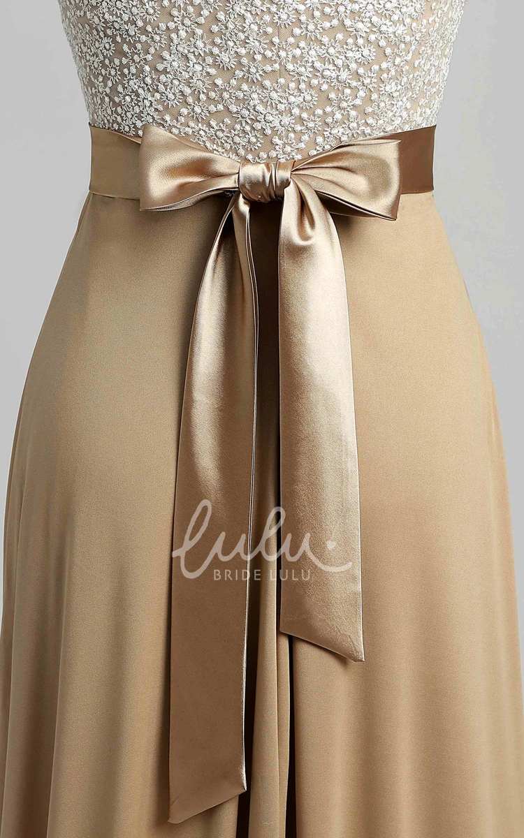 Lace A-line Short Sleeve Bridesmaid Dress with Sash and Bateau Neckline