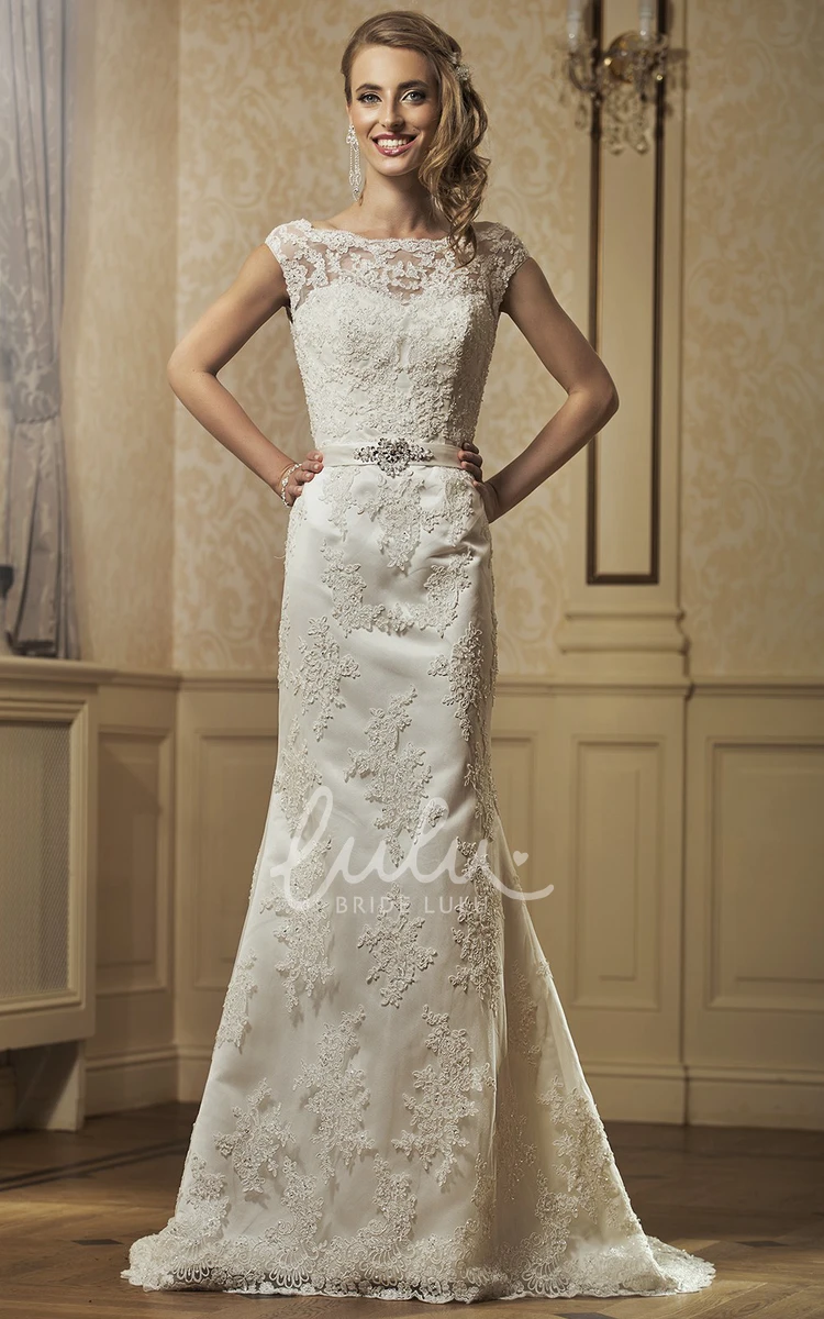 Lace Appliqued Cap-Sleeve Sheath Wedding Dress with Waist Jewelry and Bow Elegant Wedding Dress